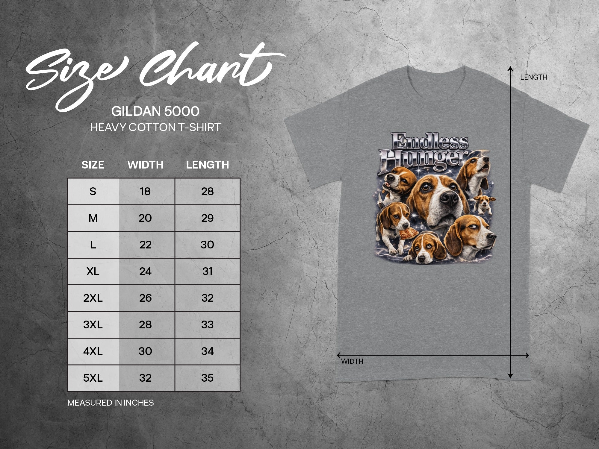 Gildan 5000 heavy cotton t-shirt size chart with beagle graphic.