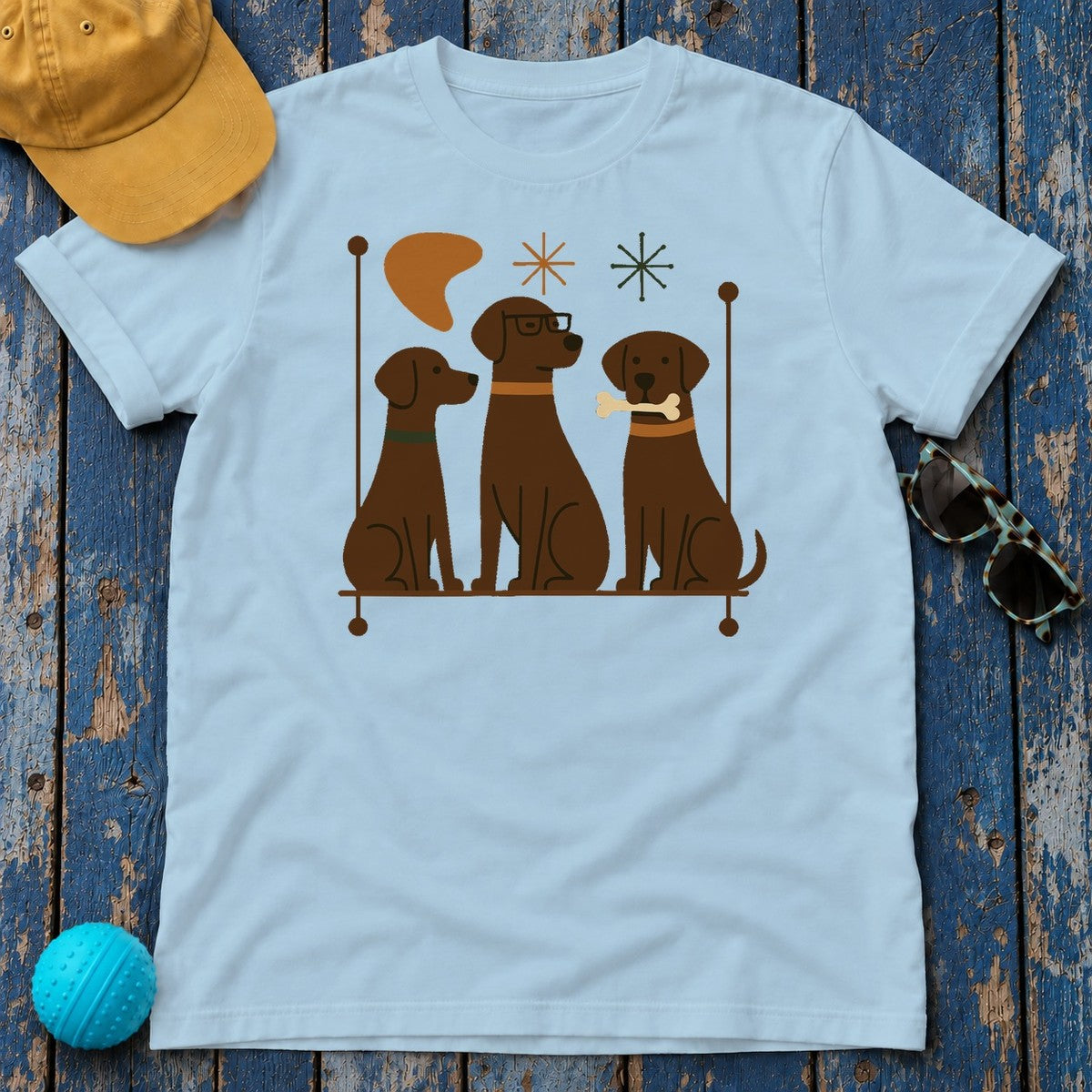 Mid-Century Chocolate Labs T-Shirt in Light Blue