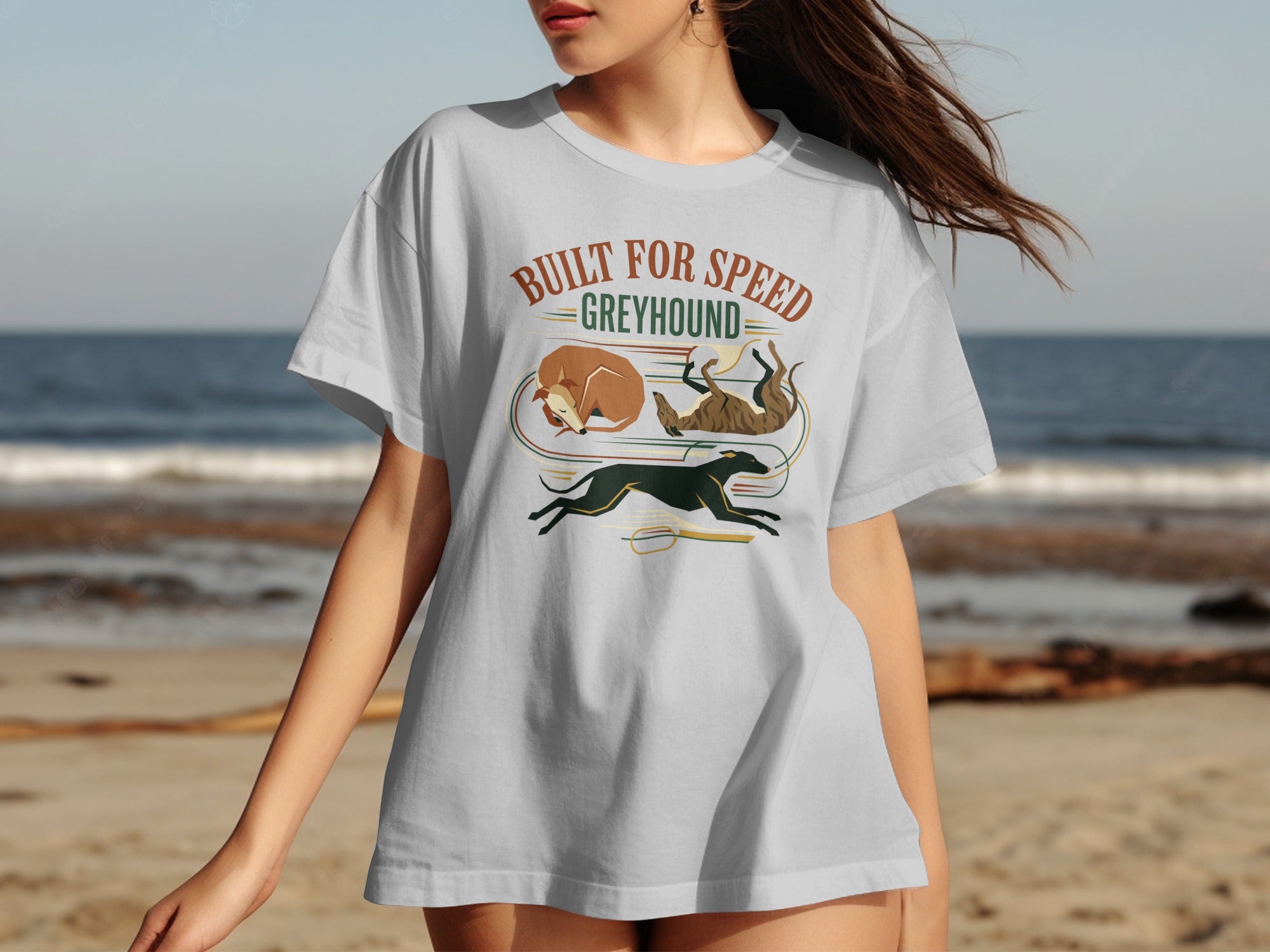 T-shirt with greyhounds running and sleeping, text "BUILT FOR SPEED GREYHOUND".