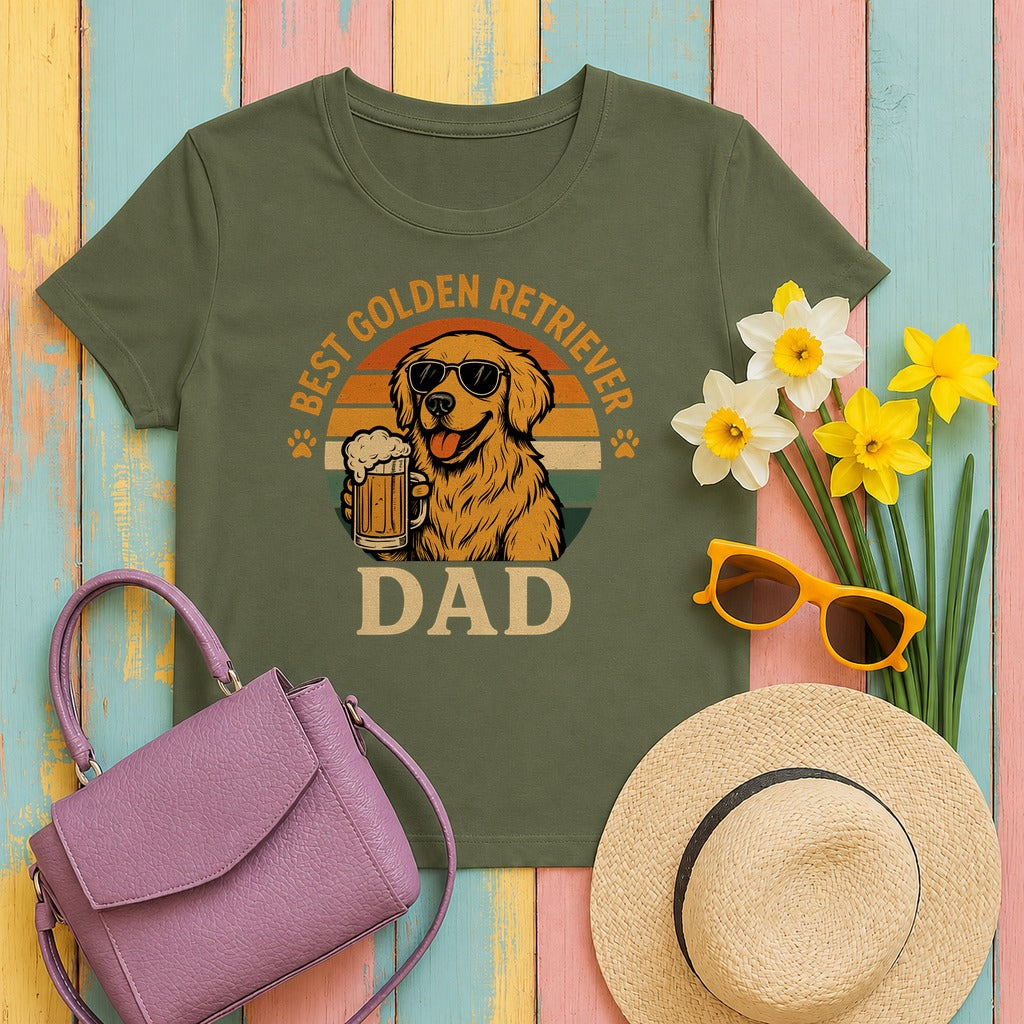 Best Golden Retriever Dad with Beer and Shades T-Shirt in Military Green