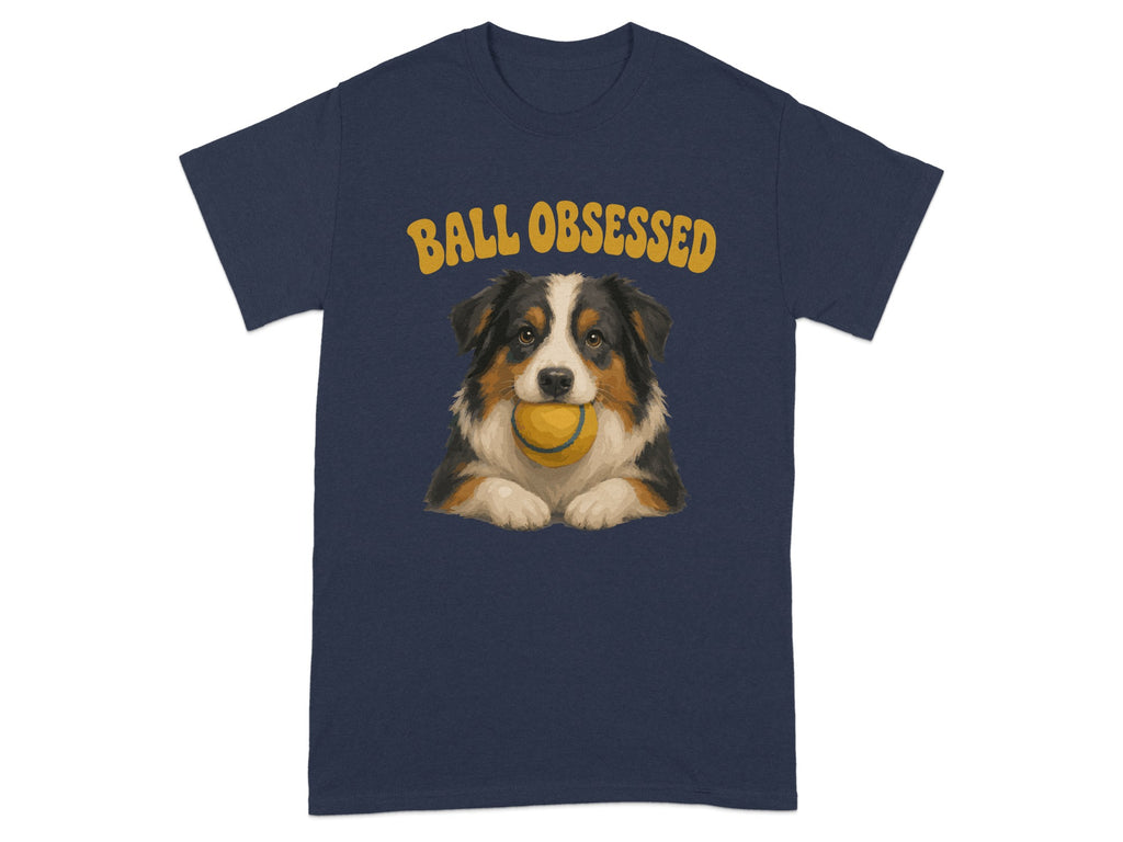 Navy t-shirt featuring an Australian Shepherd dog holding a yellow ball.