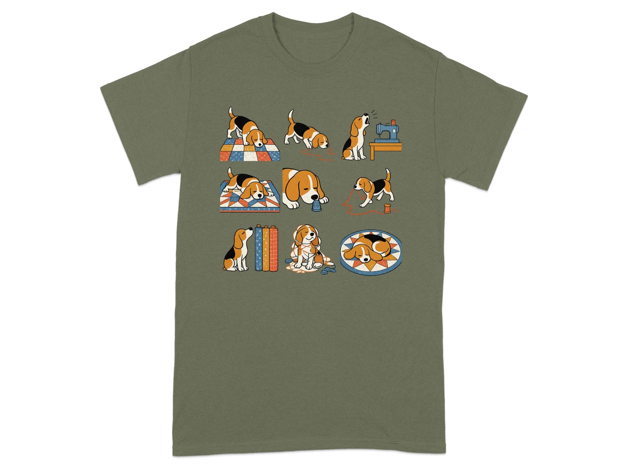 Beagle dog illustrations in various poses interacting with sewing objects and blankets.