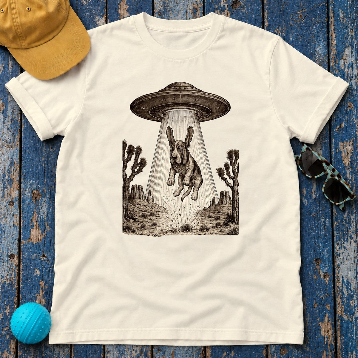 Chill Basset Hound Woodcut Art T-Shirt in Natural