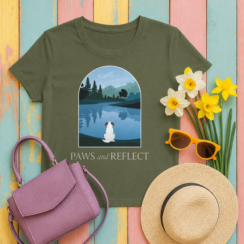 Paws and Reflect White Dog T-Shirt in Military Green