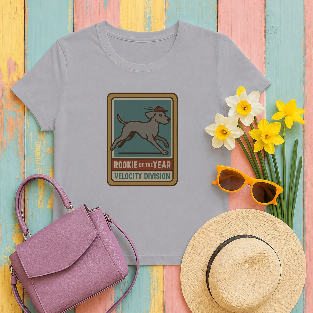 weimaraner rookie-card tee flat lay hero