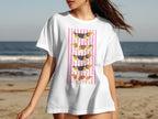 White t-shirt with a graphic of three beagles stacked vertically on pink stripes.