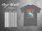 Gildan 5000 t-shirt size chart with "Chill Out" graphic and dog.