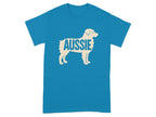 Blue t-shirt with outline of dog filled with the word "AUSSIE".