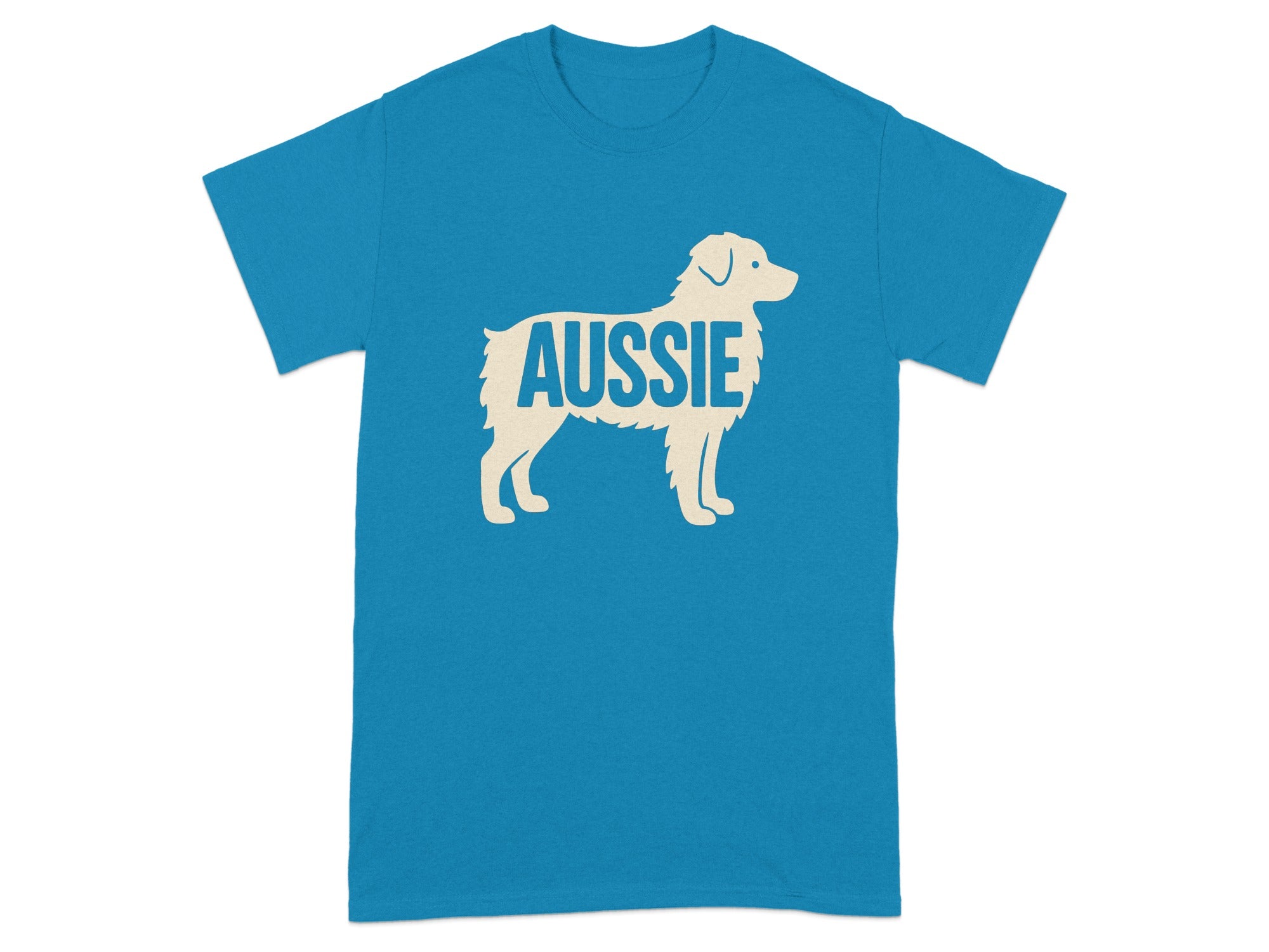 Blue t-shirt with outline of dog filled with the word "AUSSIE".
