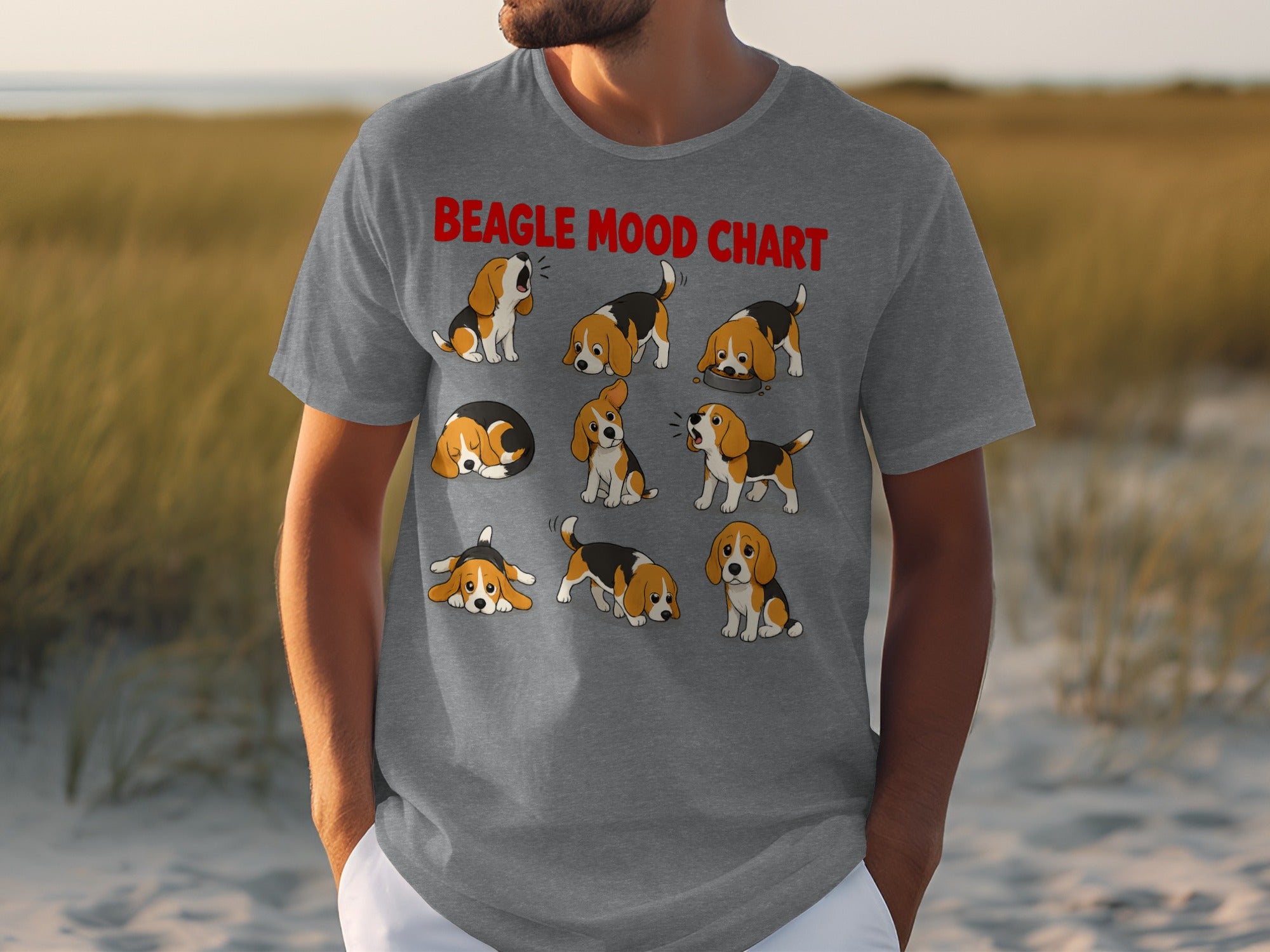 Grey t-shirt with cartoon beagle dog moods: excited, sleeping, playing, begging.