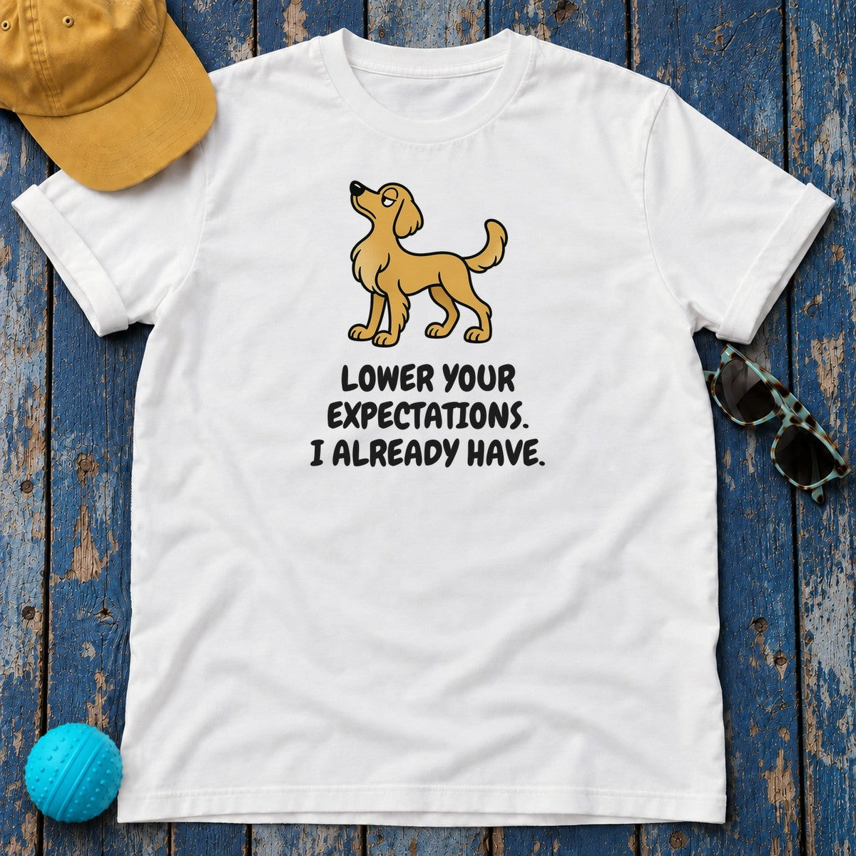Golden Retriever Lower Your Expectations Tee in White