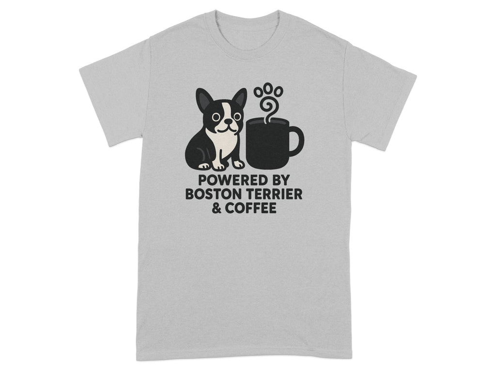 Boston Terrier and coffee cup graphic with text "POWERED BY BOSTON TERRIER & COFFEE".