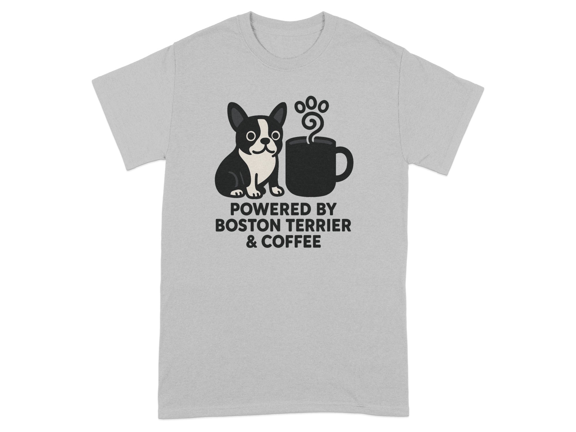 Boston Terrier and coffee cup graphic with text "POWERED BY BOSTON TERRIER & COFFEE".