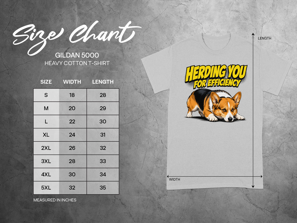 Grey t-shirt with "Herding you for efficiency" text and a corgi graphic.