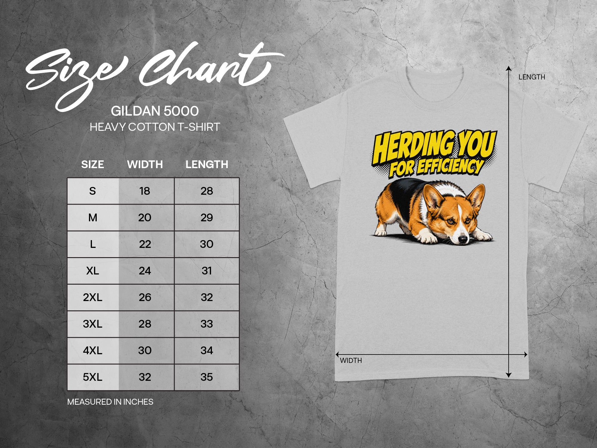 Grey t-shirt with "Herding you for efficiency" text and a corgi graphic.