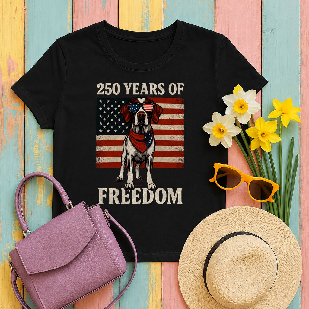 250 Years Of Freedom Patriotic German Shorthaired Pointer With American Flag T-Shirt in Black
