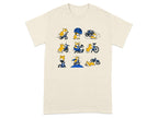 Cream t-shirt with a grid of nine illustrations of corgis on bicycles.