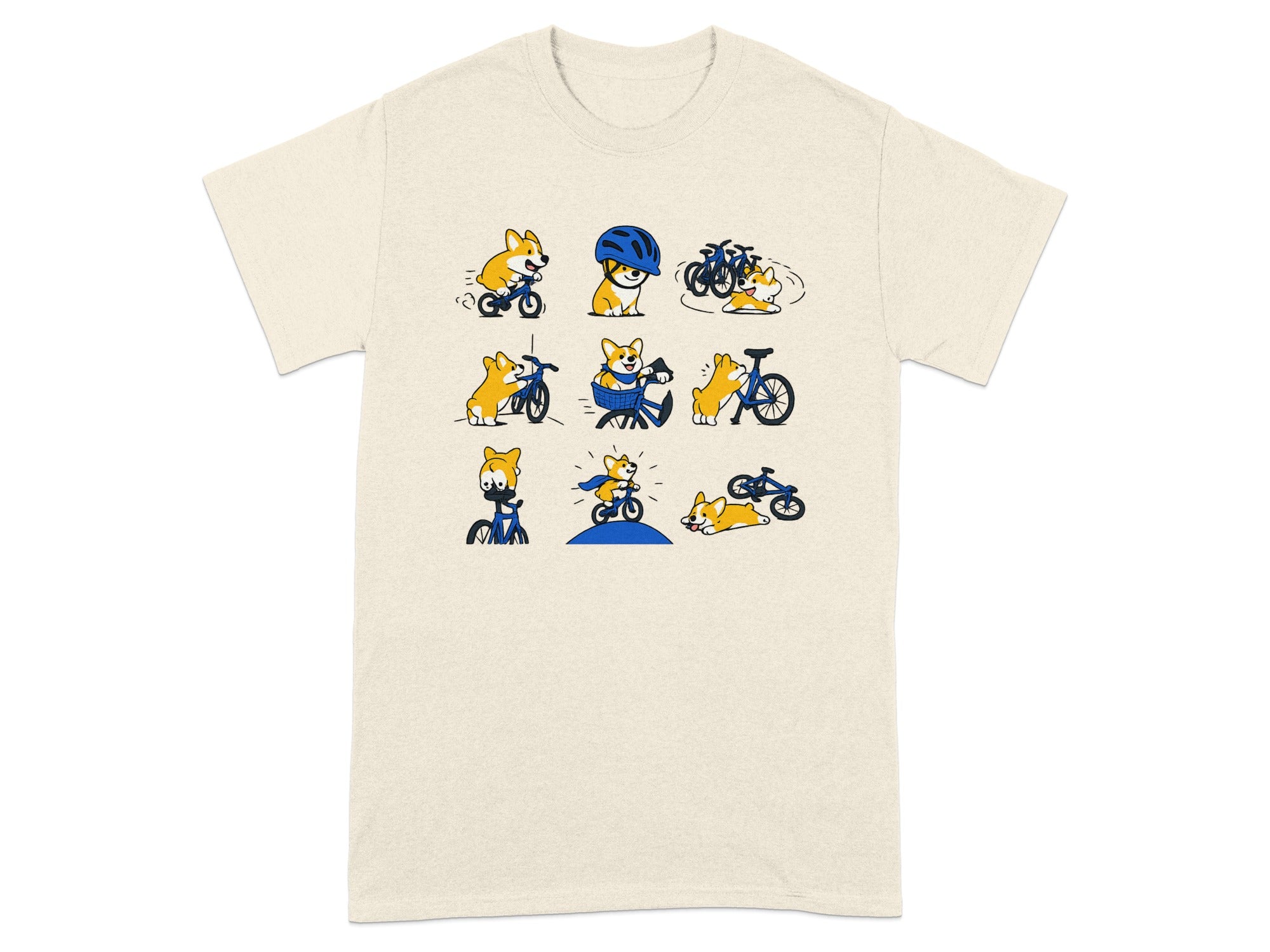 Cream t-shirt with a grid of nine illustrations of corgis on bicycles.