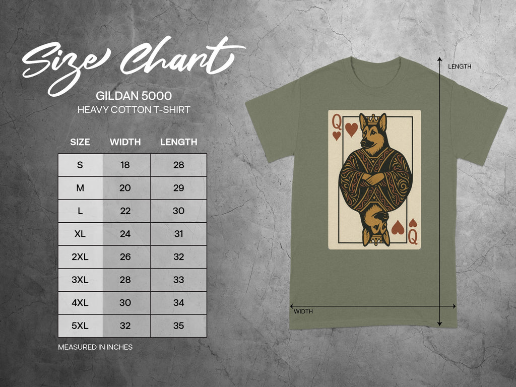 Gildan 5000 Heavy Cotton T-Shirt size chart with German Shepherd Queen playing card graphic.