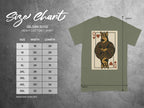 Gildan 5000 Heavy Cotton T-Shirt size chart with German Shepherd Queen playing card graphic.