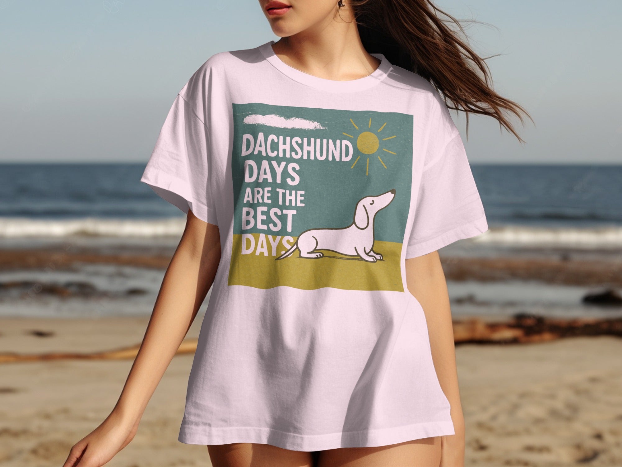 White t-shirt with "Dachshund Days Are The Best Days" graphic and dachshund.