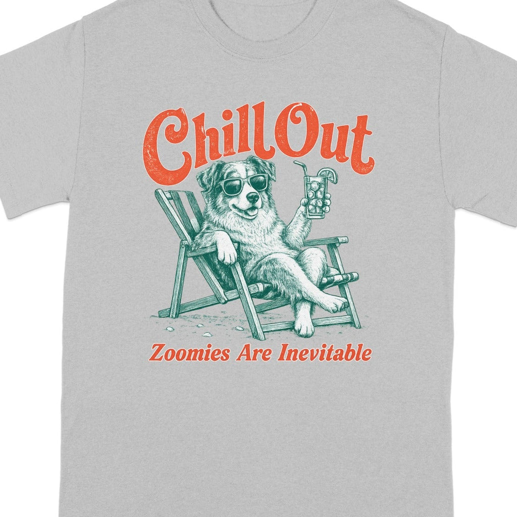Dog in a lounge chair with sunglasses and a drink, "Chill Out" text.
