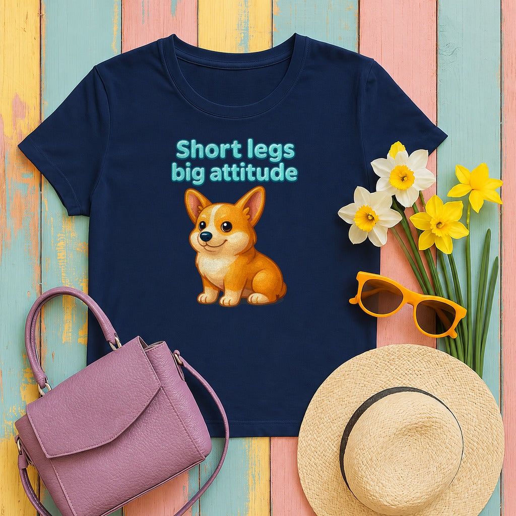 Short Legs Big Attitude T-Shirt, Corgi Dog Shirt, Cute Puppy T-shirt, Funny Animal Shirt, Sassy Dog Lover Gift, Cartoon Dog Apparel in Navy