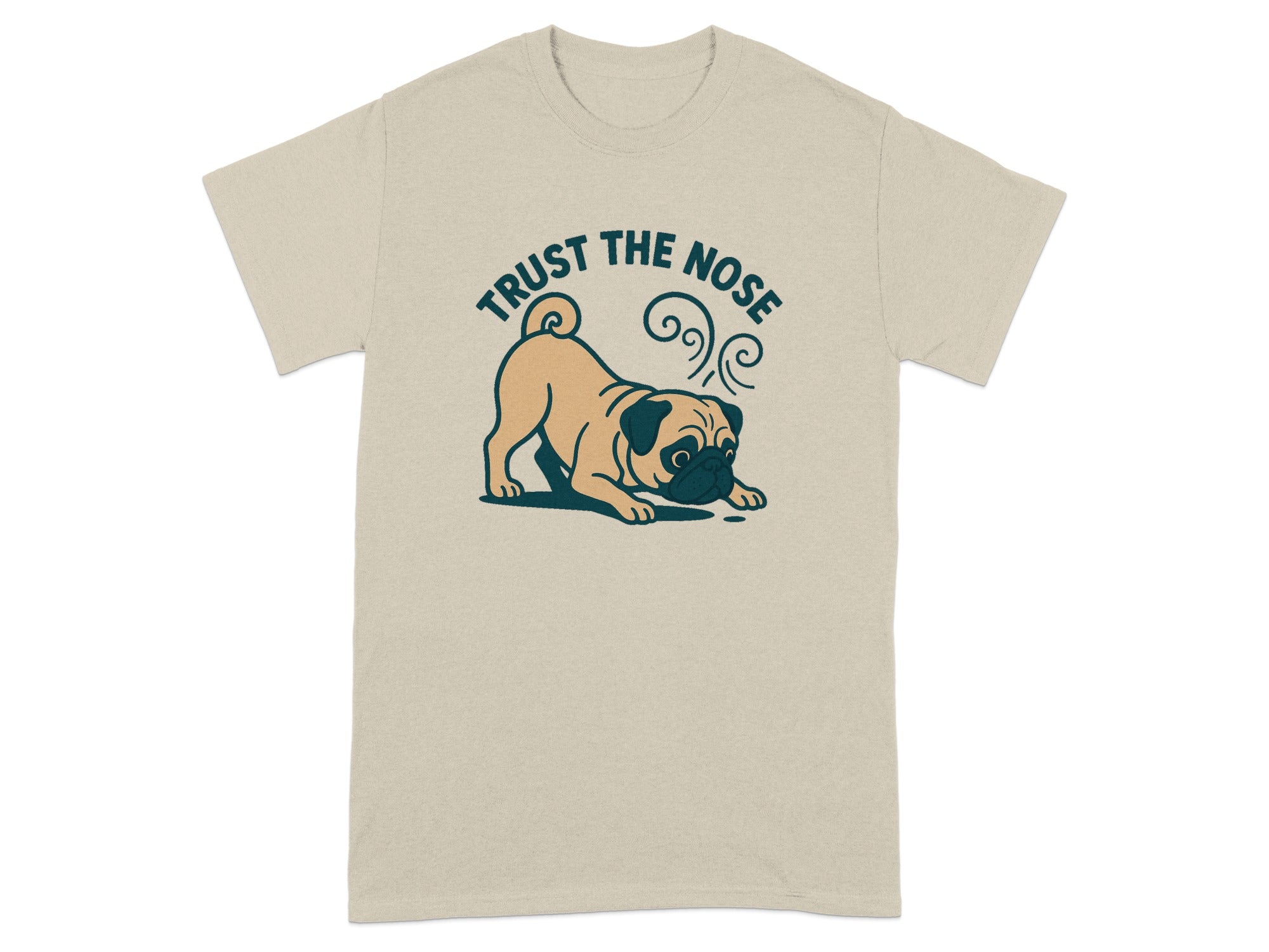 Light beige t-shirt with a pug graphic and "Trust the Nose" text.