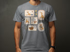 T-shirt with a grid of framed illustrations of corgis, dog accessories, and floral elements.