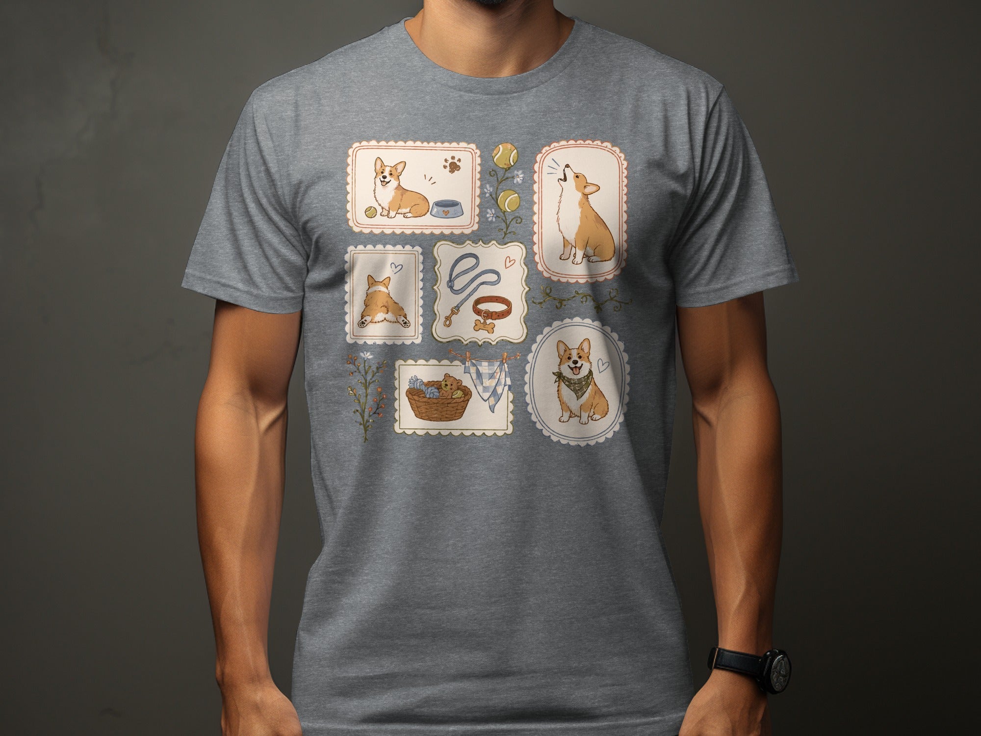 T-shirt with a grid of framed illustrations of corgis, dog accessories, and floral elements.