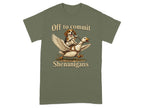 Beagle dog riding a goose with text "Off to commit Shenanigans".