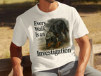 White t-shirt with black text and a painting of a dog wearing a hat.