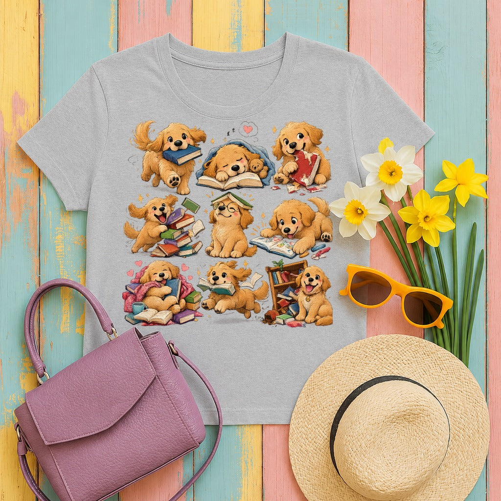 The Bookish Golden Retriever T-Shirt in Sport Grey