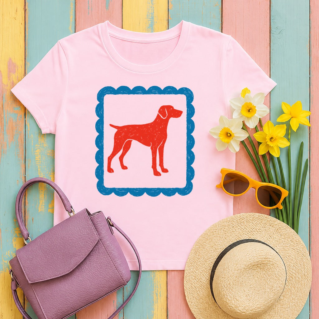 Red Vizsla Dog within a Blue Scalloped Frame T-Shirt in Light Pink