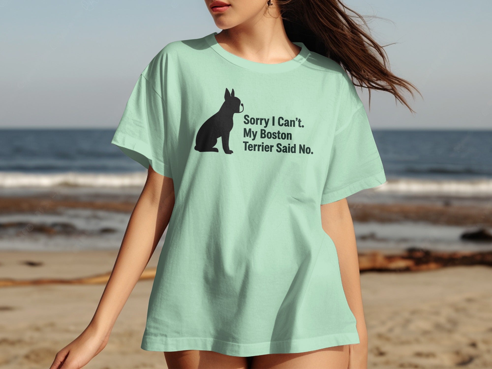 Mint t-shirt with black Boston Terrier silhouette and text: Sorry I Can't. My Boston Terrier Said No.