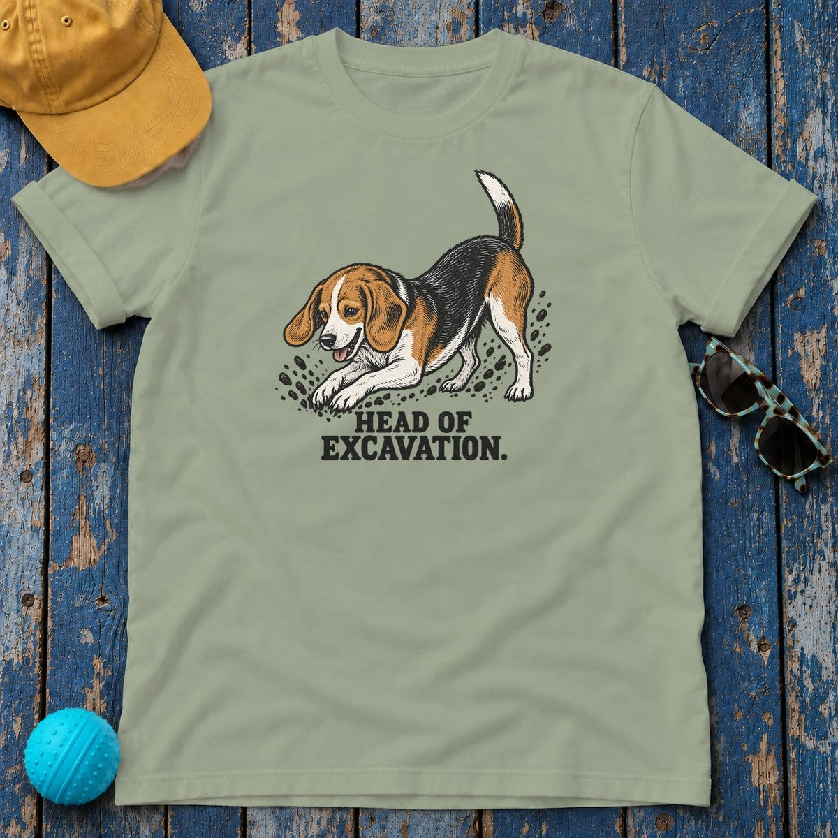 Head of Excavation Beagle T-Shirt in Sage - flat lay