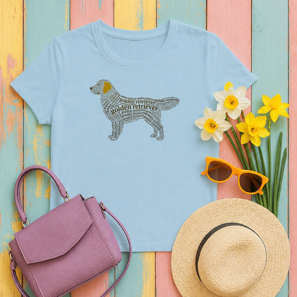 Golden Retriever Typographic Art T-Shirt in Light Blue