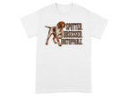 White t-shirt with a German Shorthaired Pointer and text: SPOTTED. OBSESSED. UNSTOPPABLE.