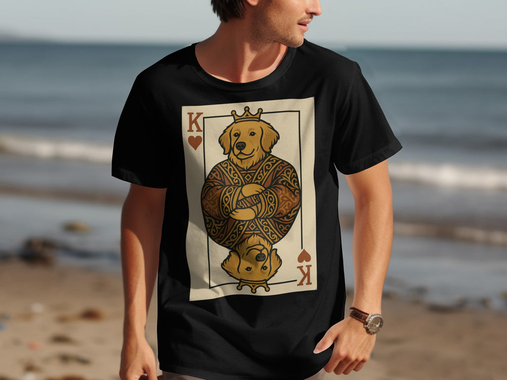 Black t-shirt with King of Hearts card featuring a Golden Retriever wearing a crown.