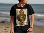 Black t-shirt with King of Hearts card featuring a Golden Retriever wearing a crown.