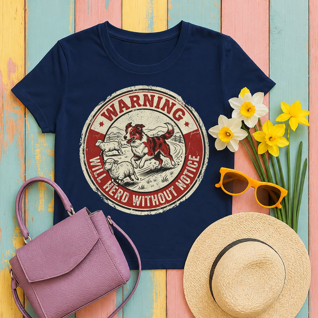 Will Herd Without Notice Border Collie T-Shirt in Navy