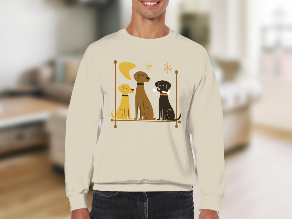Three dogs sit on a stylized shelf with a bone.