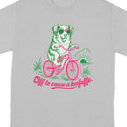 T-shirt with dog on a bicycle wearing sunglasses and text "Off to cause a kerfuffle."