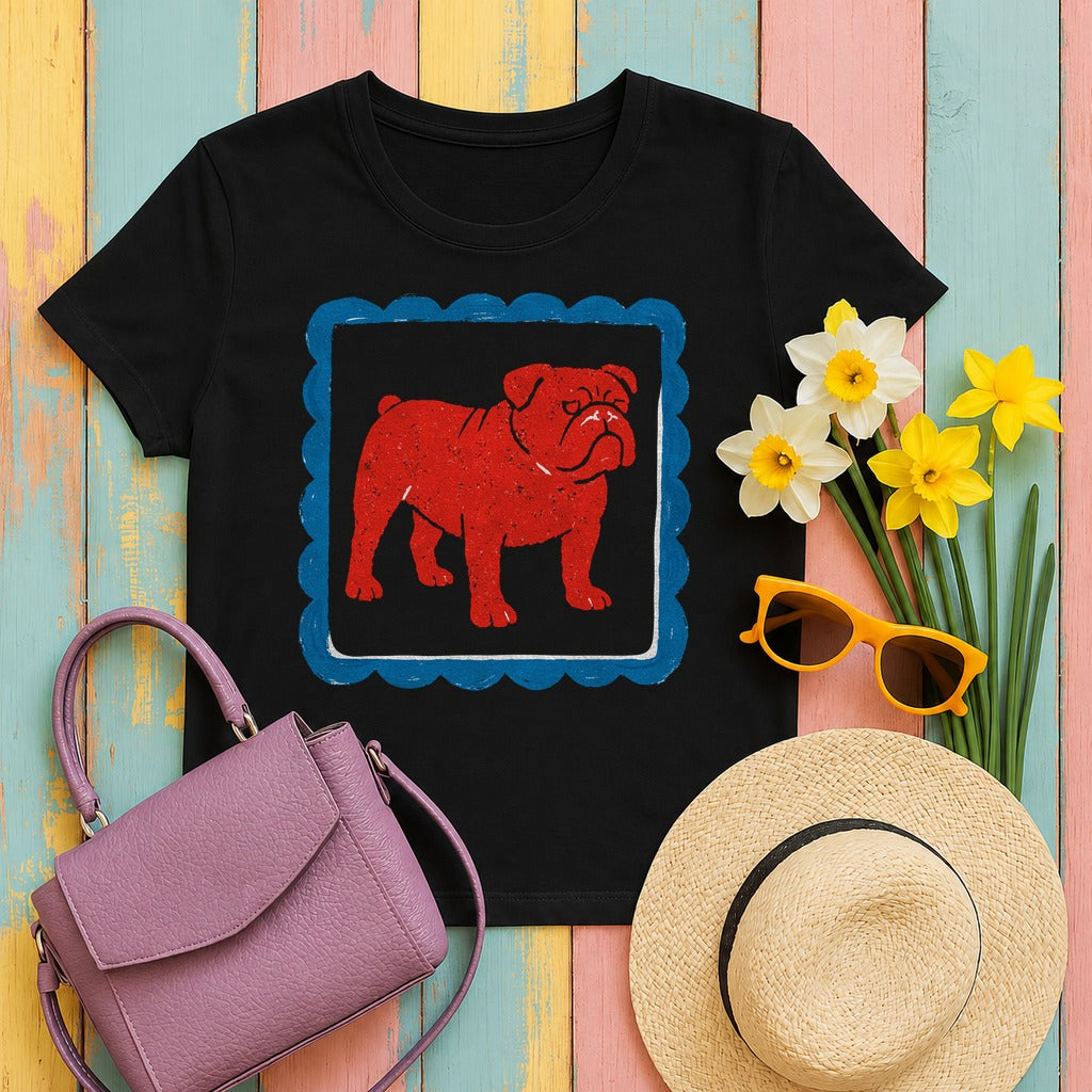 Red Bulldog on Blue Border Doodle Drawing Art T-Shirt in Black