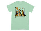 Three cartoon German Shepherds sitting behind a brown abstract shape and two asterisks.