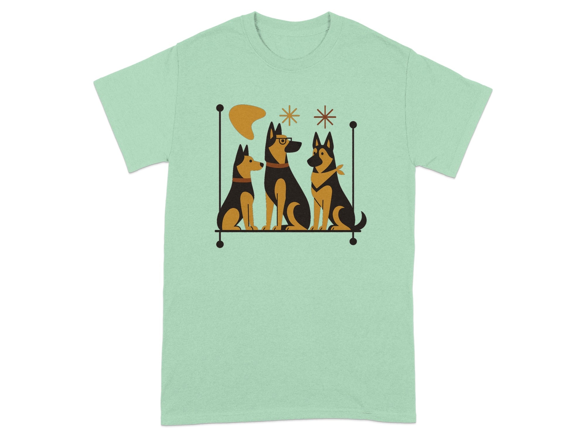 Three cartoon German Shepherds sitting behind a brown abstract shape and two asterisks.
