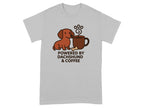 Grey t-shirt with "Powered by Dachshund & Coffee" graphic featuring a dachshund and coffee cup.
