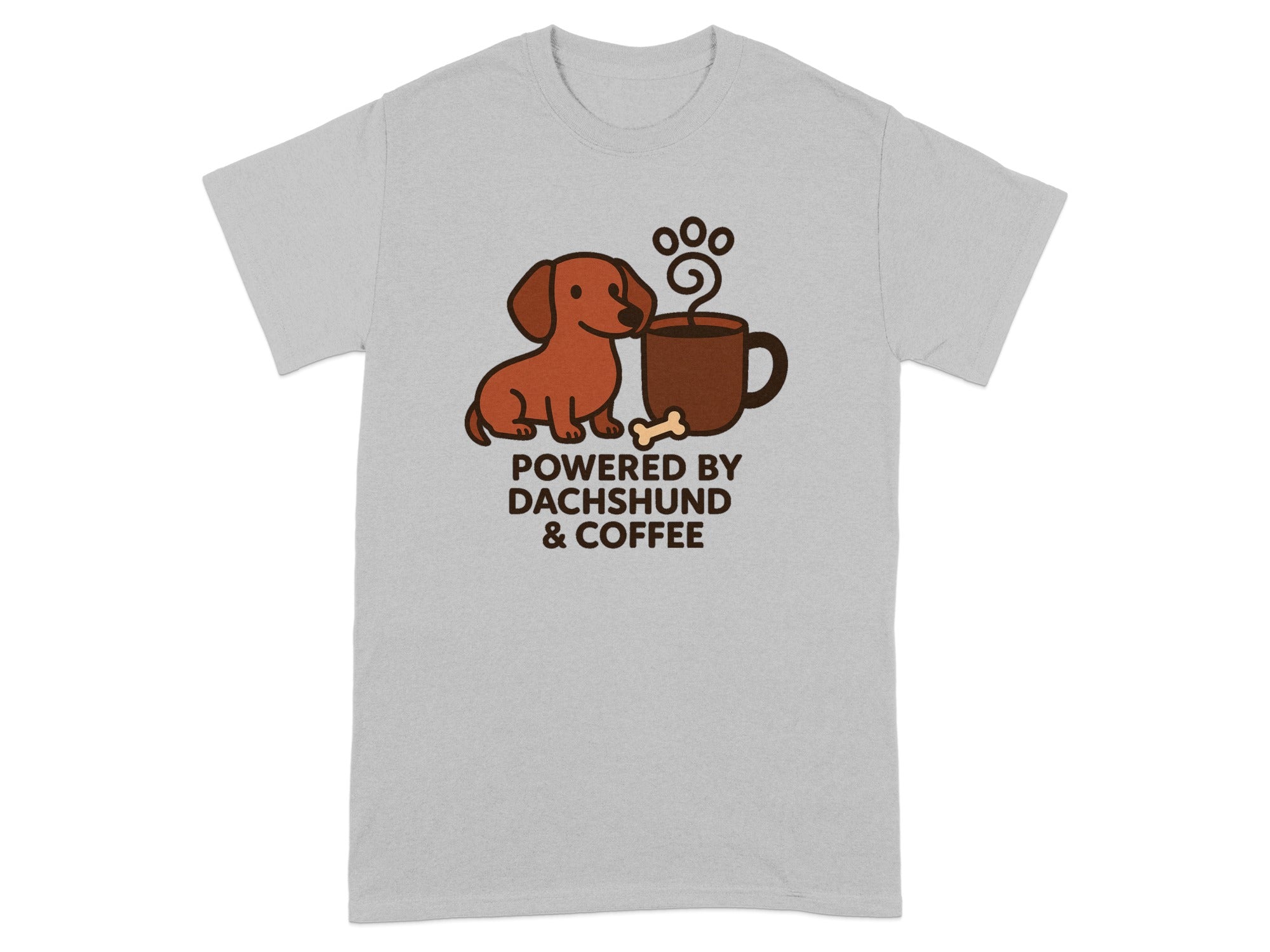 Grey t-shirt with "Powered by Dachshund & Coffee" graphic featuring a dachshund and coffee cup.
