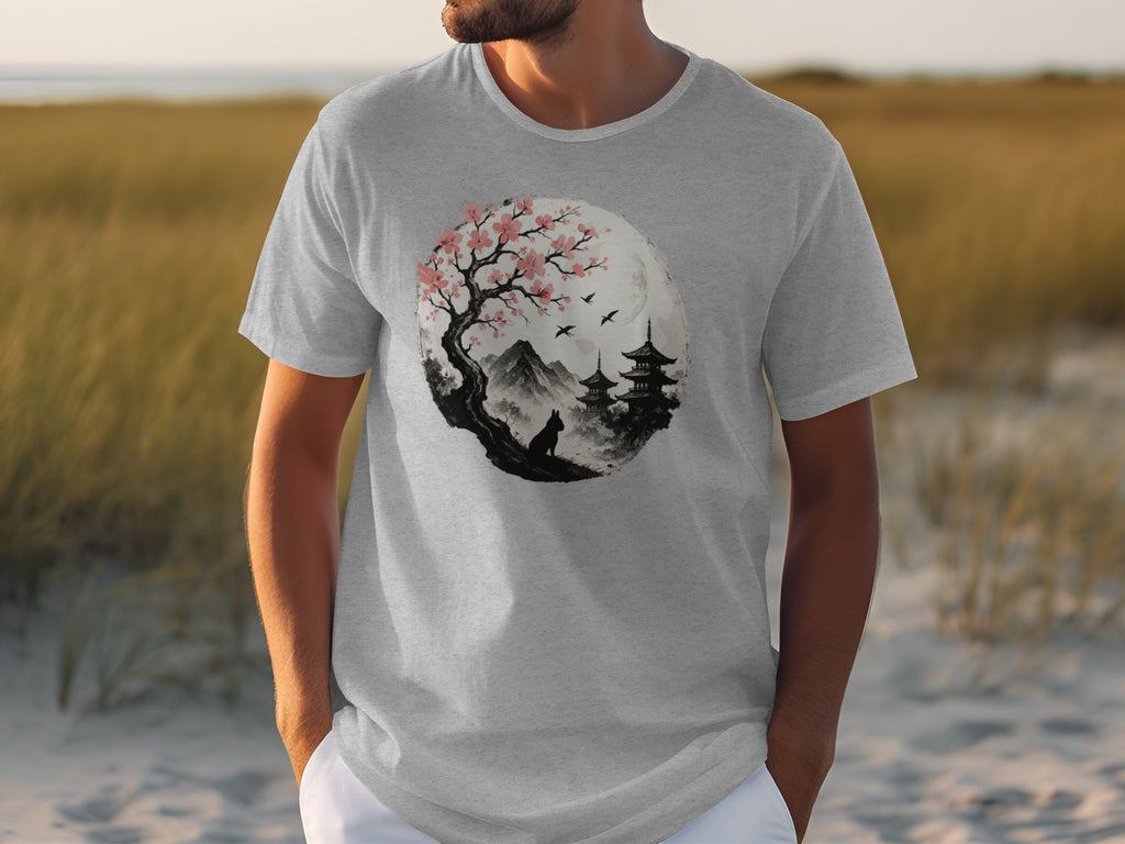 Japanese Cherry Blossom and Temple Scene T-shirt