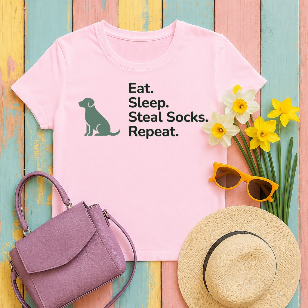 Eat Sleep Steal Socks Dog Lover T-Shirt in Light Pink